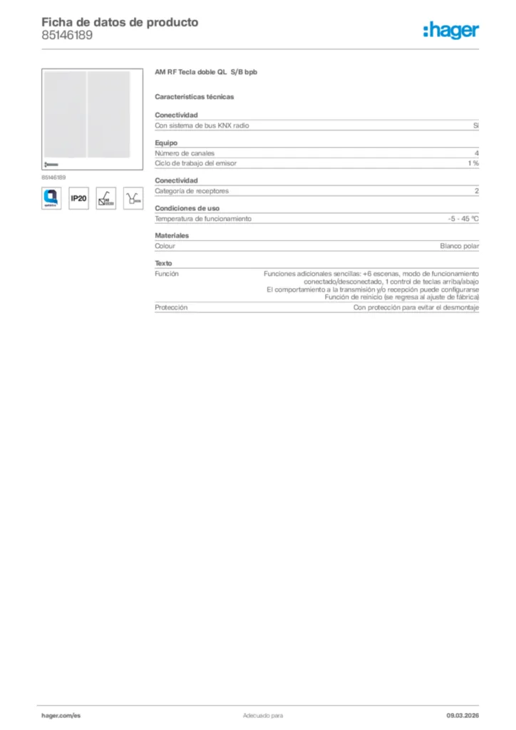 Imagen Hager Ficha de datos de producto 85146189 | Hager España