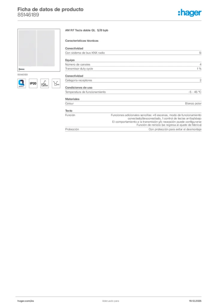 Imagen Hager Ficha de datos de producto 85146189 | Hager España