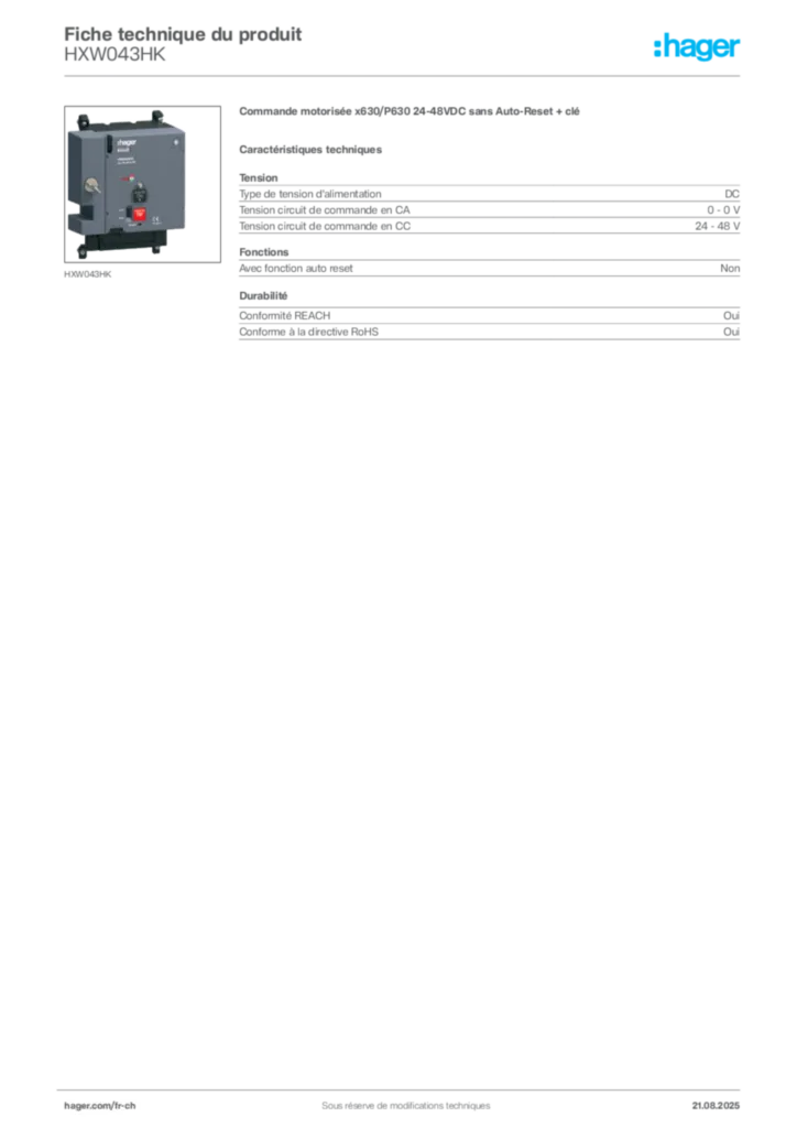 Image Hager Fiche technique du produit HXW043HK | Hager Suisse