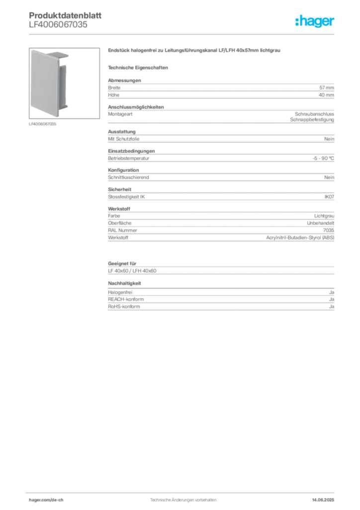 Bild Hager Produktdatenblatt LF4006067035 | Hager Schweiz