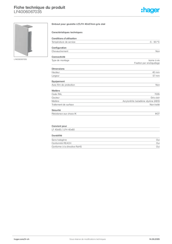 Image Hager Fiche technique du produit LF4006067035 | Hager Suisse