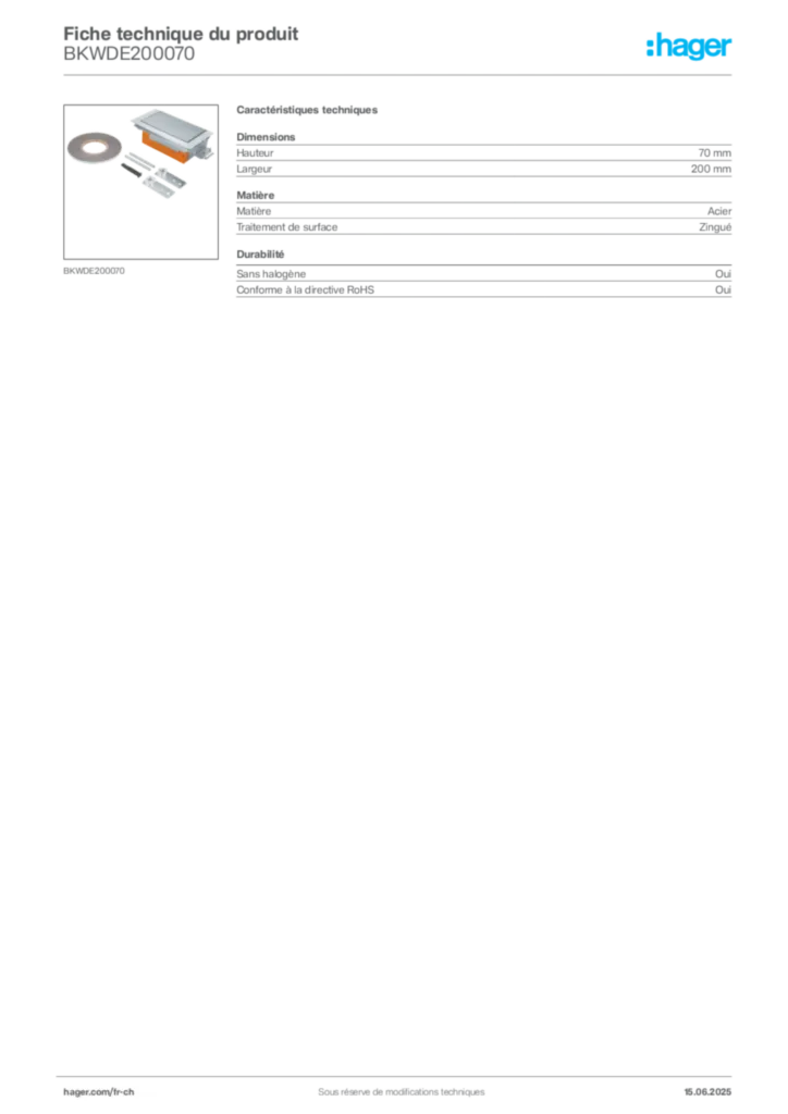 Image Hager Fiche technique du produit BKWDE200070 | Hager Suisse