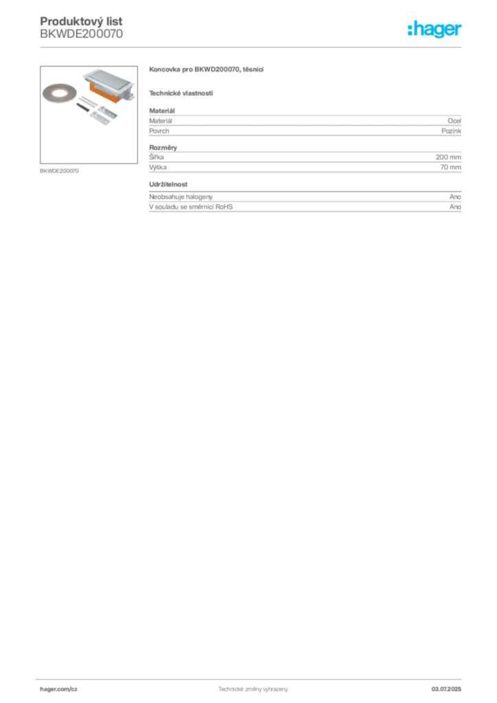 Obrázek Hager Produktový list BKWDE200070 | Hager