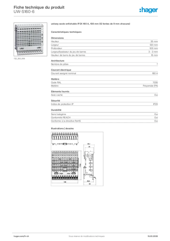 Image Hager Fiche technique du produit UW-S160-6 | Hager Suisse
