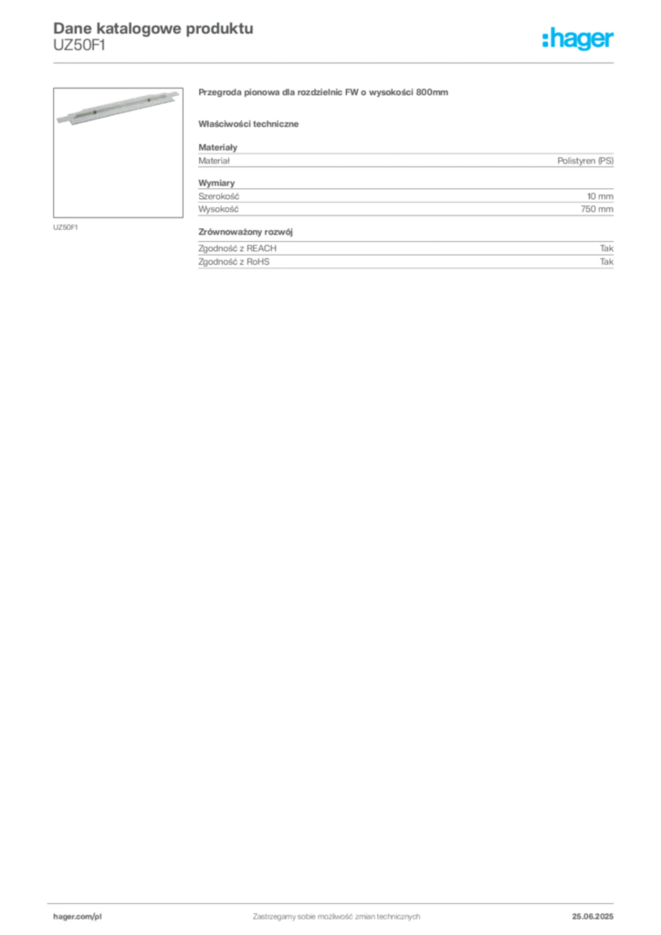 Zdjęcie Hager Karta katalogowa UZ50F1 | Hager Polska