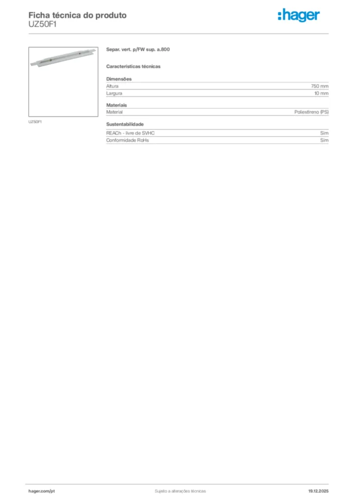 Imagem Hager Ficha técnica do produto UZ50F1 | Hager Portugal