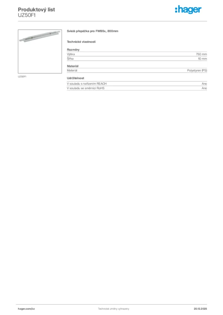 Obrázek Hager Produktový list UZ50F1 | Hager
