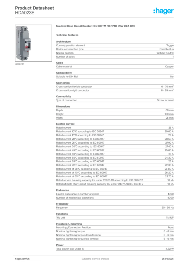 Image Hager Product data sheet HDA023E  | Hager