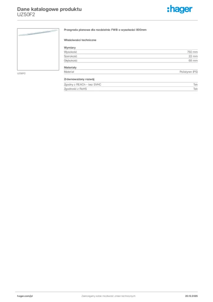 Zdjęcie Hager Karta katalogowa UZ50F2 | Hager Polska