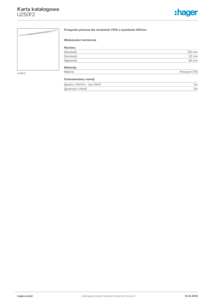 Zdjęcie Hager Karta katalogowa UZ50F2 | Hager Polska