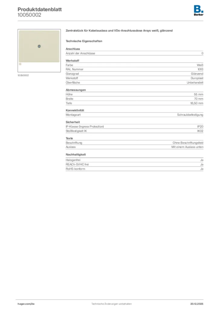 Bild Berker Produktdatenblatt 10050002 | Hager Deutschland