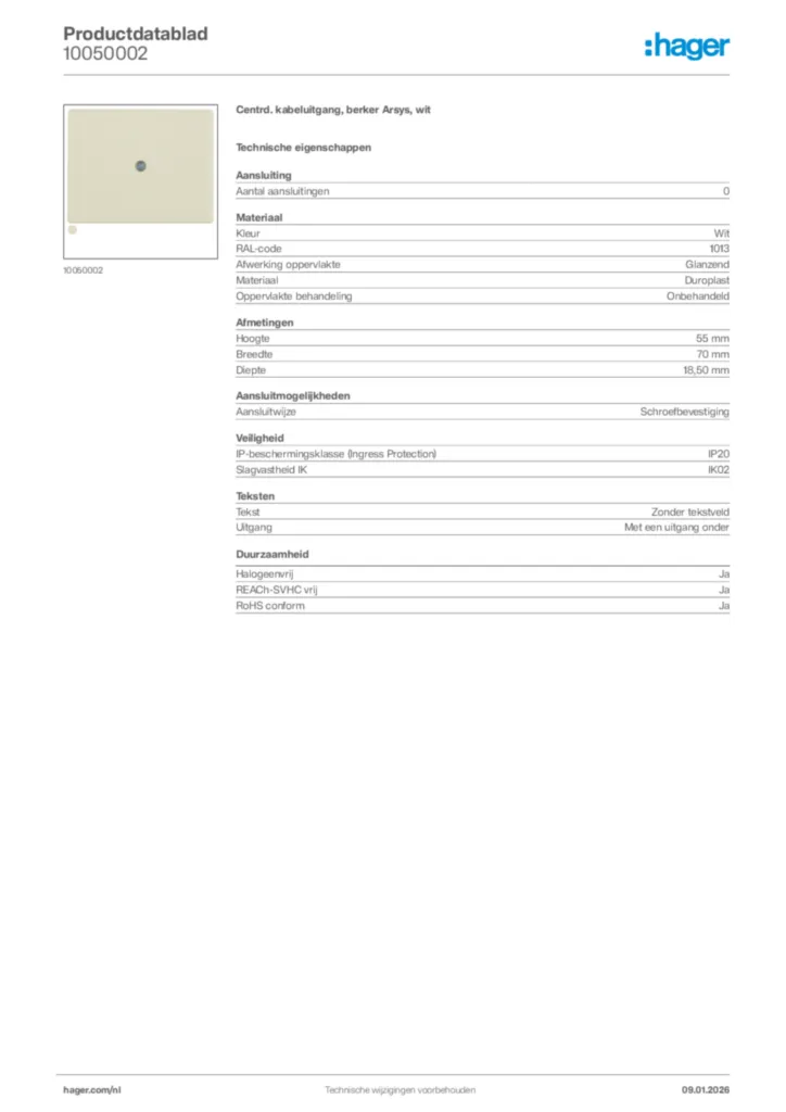 Afbeelding Hager Productdatablad 10050002 | Hager Nederland