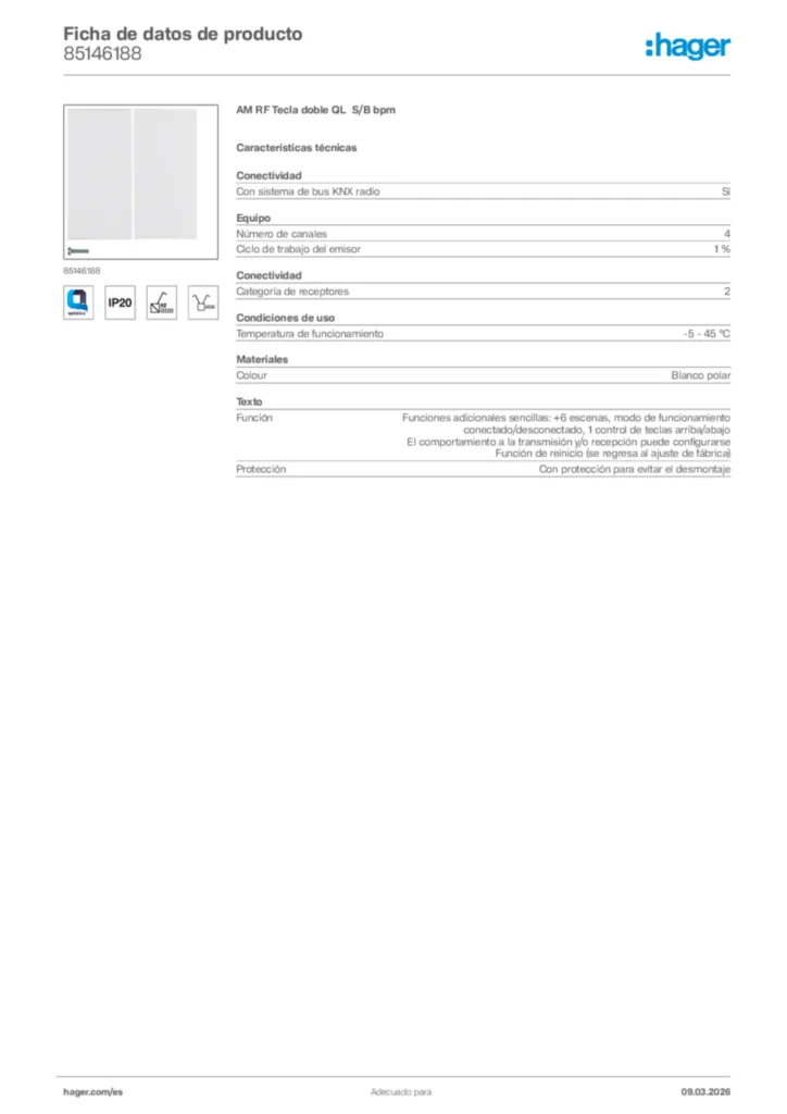 Imagen Hager Ficha de datos de producto 85146188 | Hager España