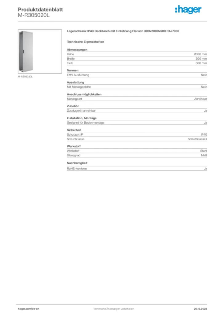 Bild Hager Produktdatenblatt M-R305020L | Hager Schweiz