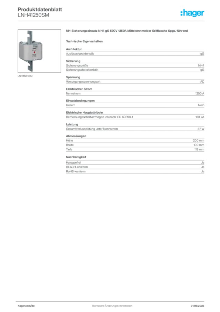 Bild Hager Produktdatenblatt LNH41250SM | Hager Deutschland