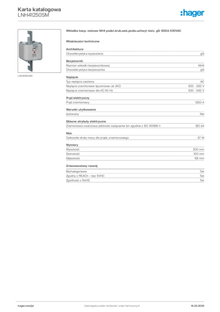 Zdjęcie Hager Karta katalogowa LNH41250SM | Hager Polska