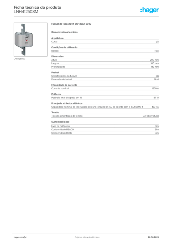 Imagem Hager Ficha técnica do produto LNH41250SM | Hager Portugal