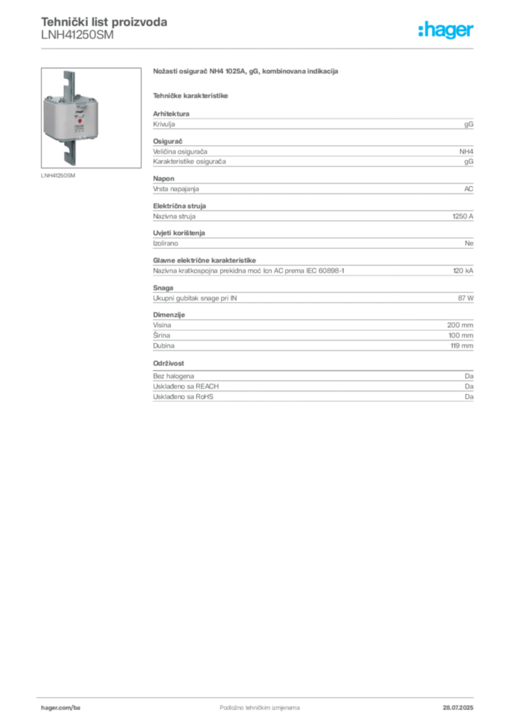 Slika Hager Product data sheet LNH41250SM  | Hager