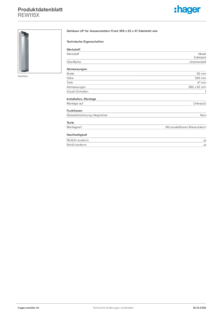Bild Hager Produktdatenblatt REW115X | Hager Schweiz