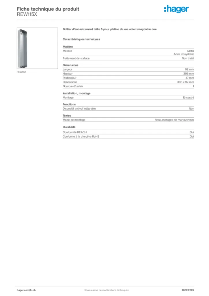 Image Hager Fiche technique du produit REW115X | Hager Suisse