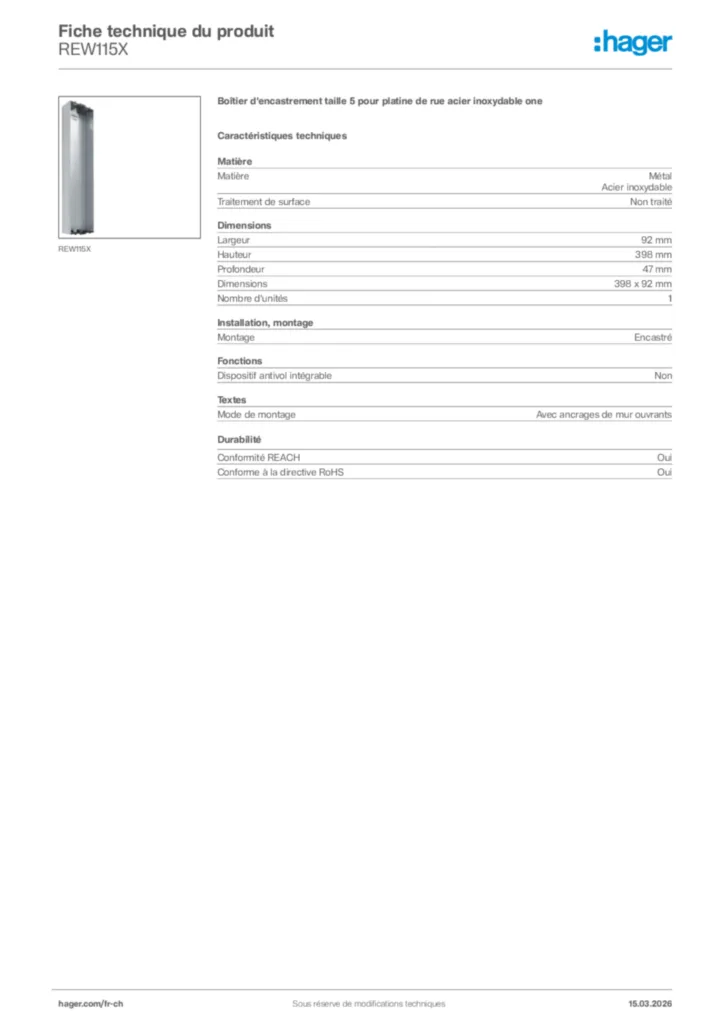 Image Hager Fiche technique du produit REW115X | Hager Suisse
