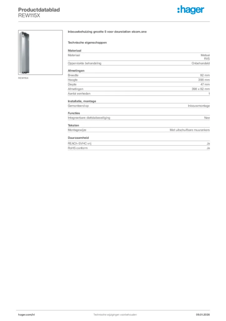 Afbeelding Hager Productdatablad REW115X | Hager Nederland