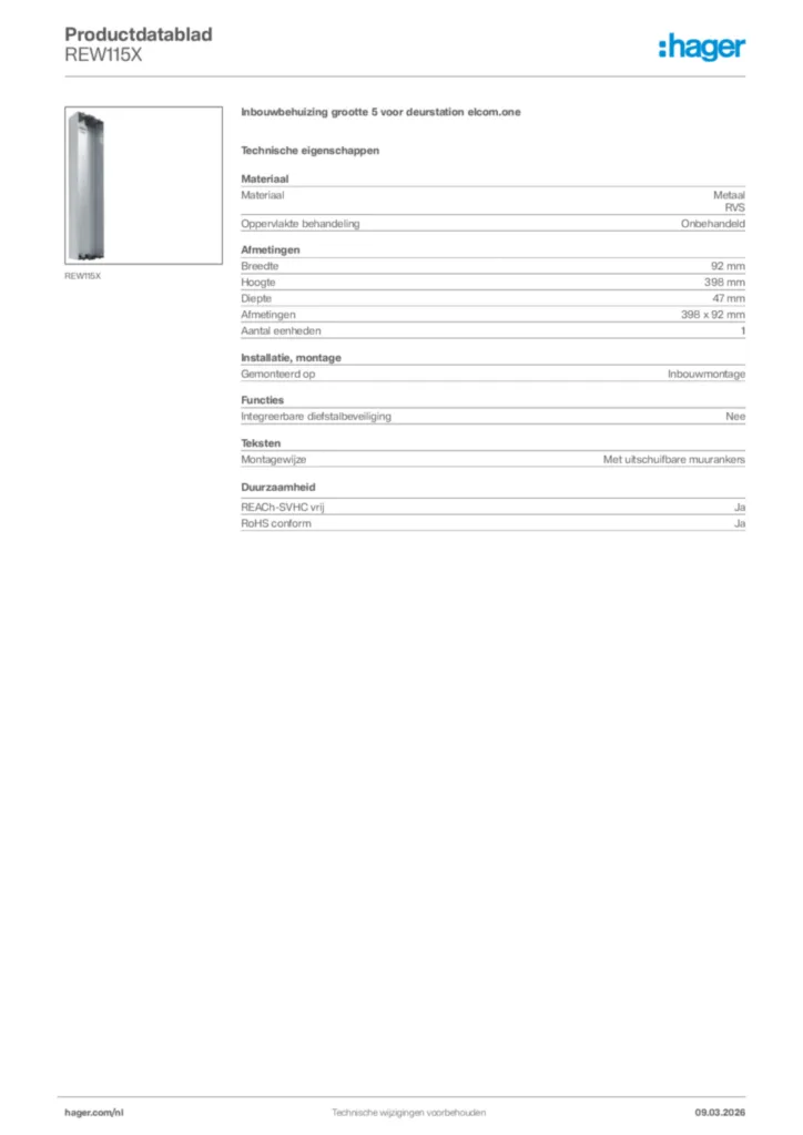 Afbeelding Hager Productdatablad REW115X | Hager Nederland