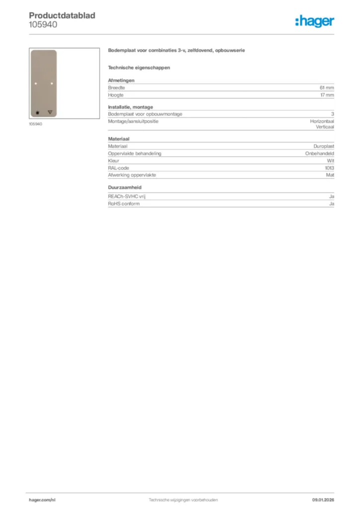 Afbeelding Hager Productdatablad 105940 | Hager Nederland
