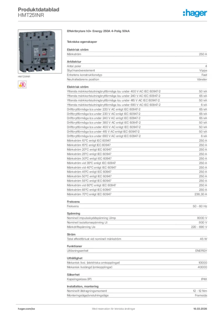 Bild Hager Produktdatablad HMT251NR | Hager Sverige