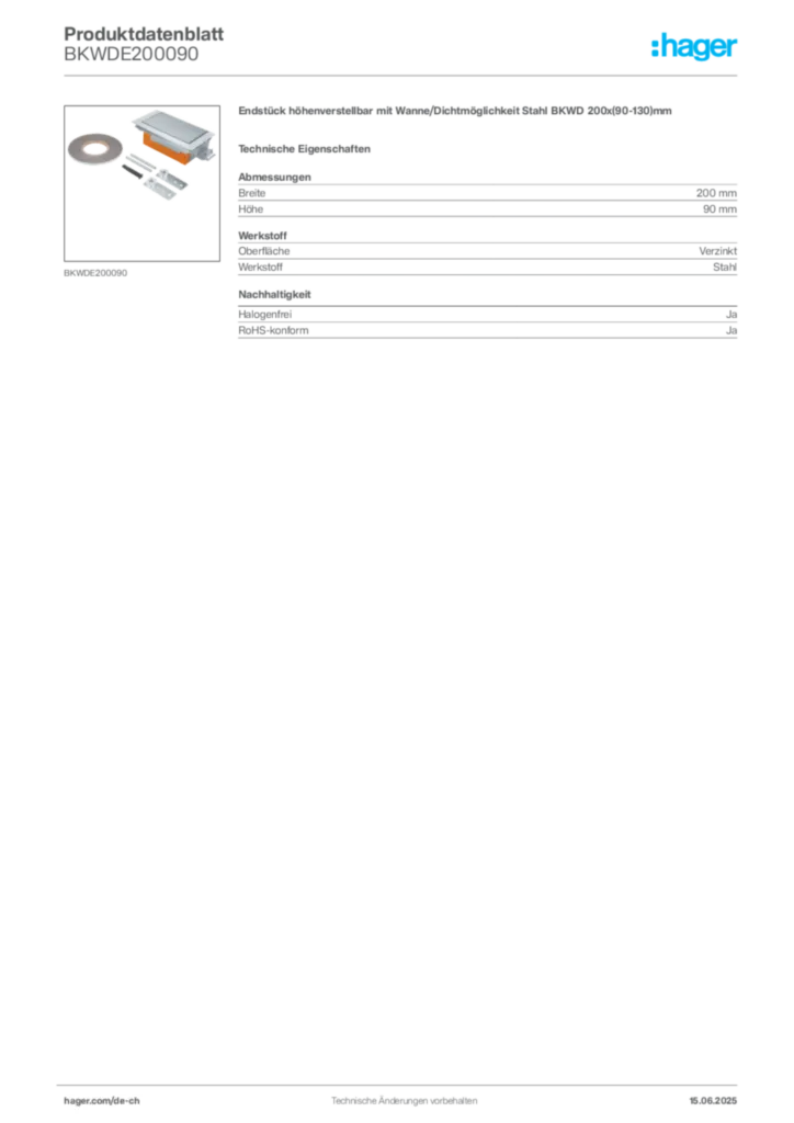 Bild Hager Produktdatenblatt BKWDE200090 | Hager Schweiz