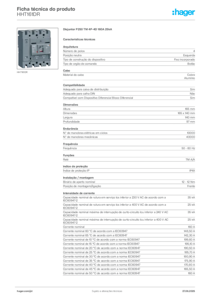 Imagem Hager Ficha técnica do produto HHT161DR | Hager Portugal
