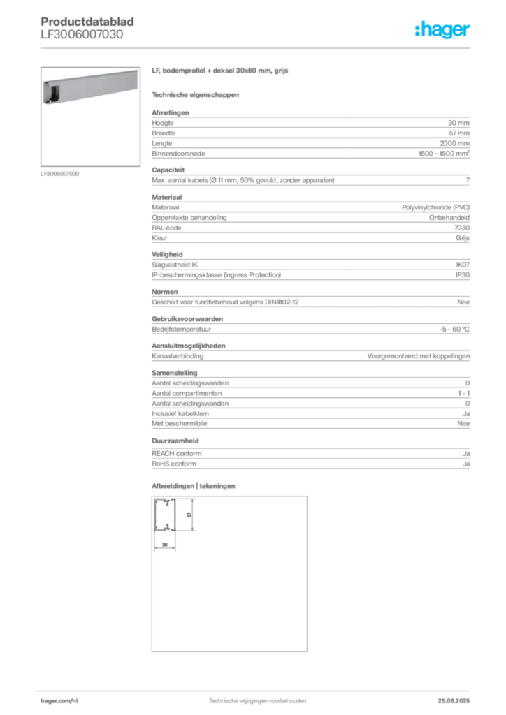 Afbeelding Hager Productdatablad LF3006007030 | Hager Nederland