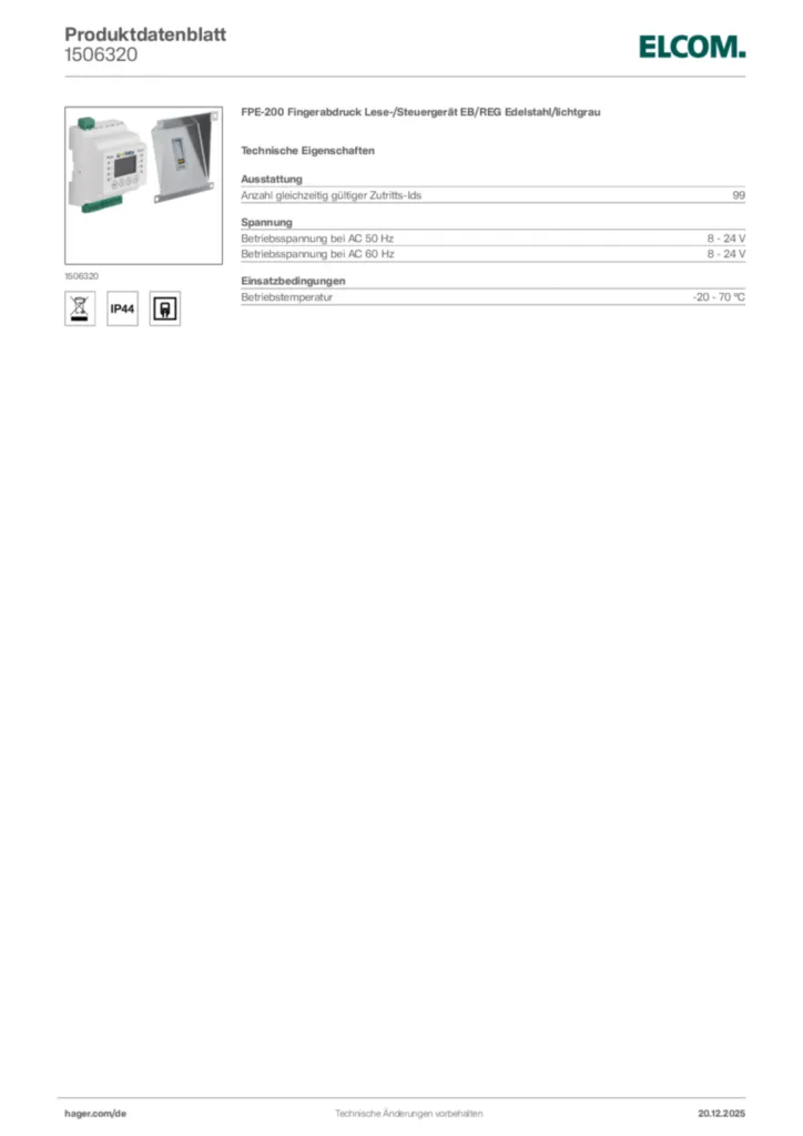 Bild Elcom Produktdatenblatt 1506320 | Hager Deutschland