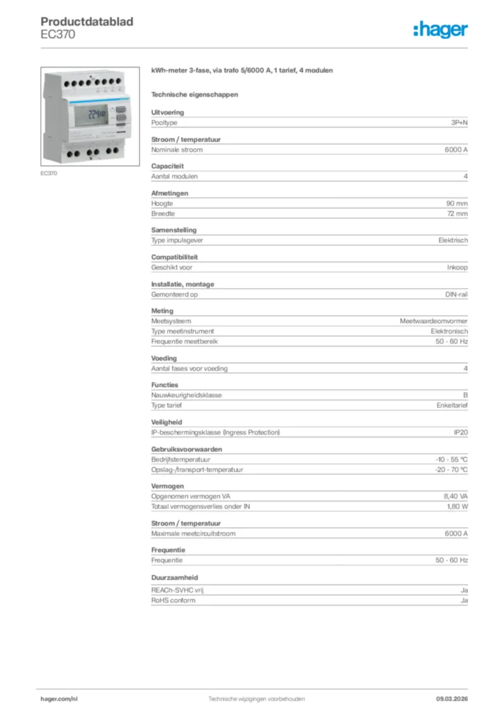 Afbeelding Hager Productdatablad EC370 | Hager Nederland