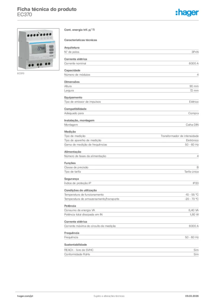 Imagem Hager Ficha técnica do produto EC370 | Hager Portugal