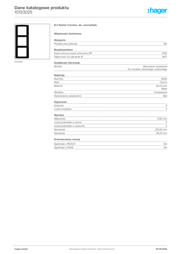 Zdjęcie Hager Karta katalogowa 10133025 | Hager Polska