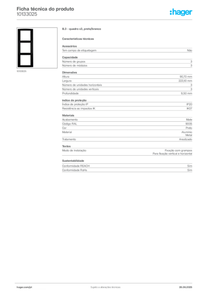 Imagem Hager Ficha técnica do produto 10133025 | Hager Portugal