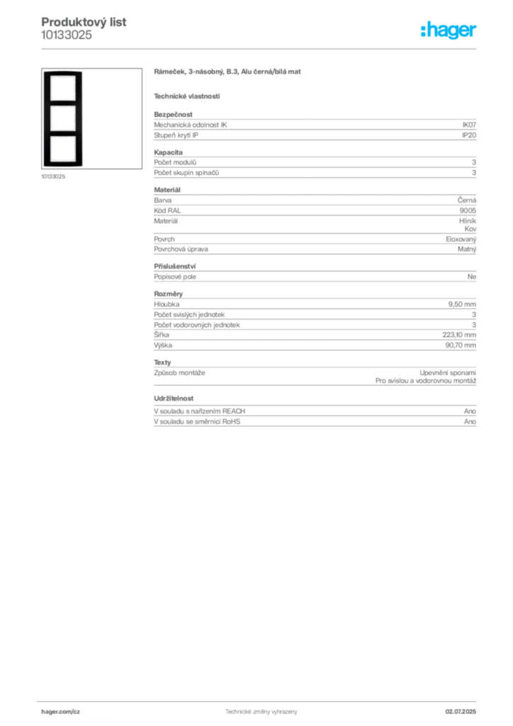 Obrázek Hager Produktový list 10133025 | Hager