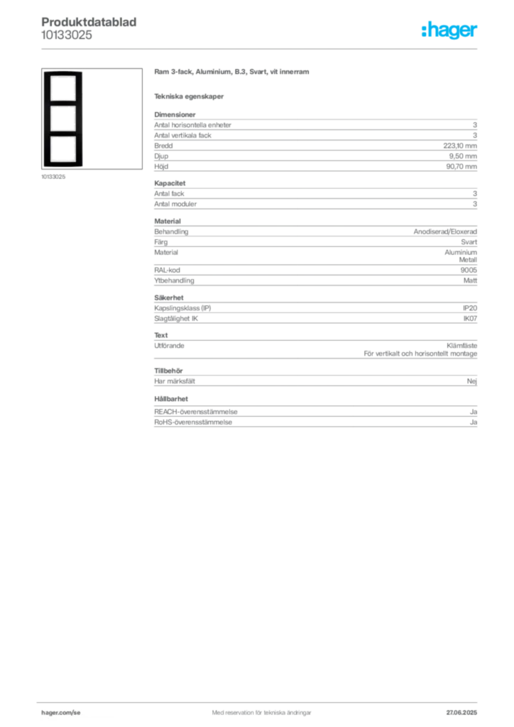 Bild Hager Produktdatablad 10133025 | Hager Sverige