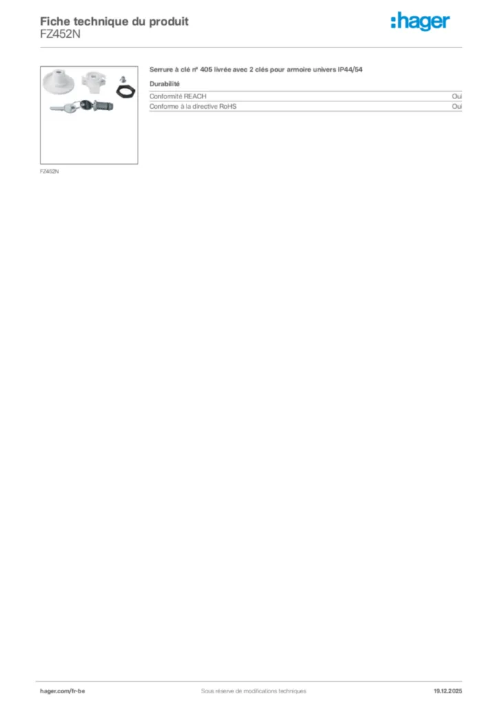 Image Hager Fiche technique du produit FZ452N | Hager Belgique