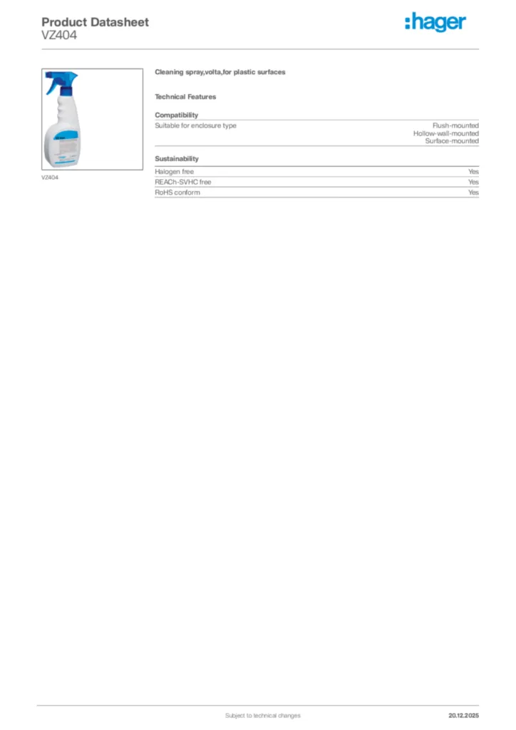 Image Hager Product data sheet VZ404  | Hager Africa