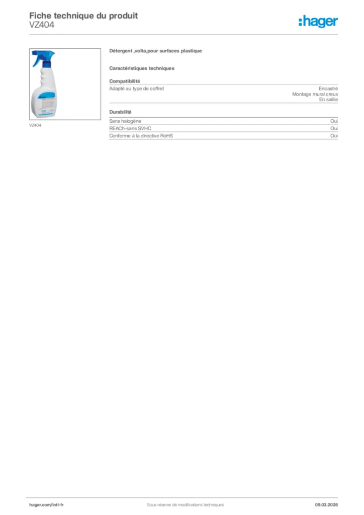Image Hager Fiche technique du produit VZ404 | Hager Afrique