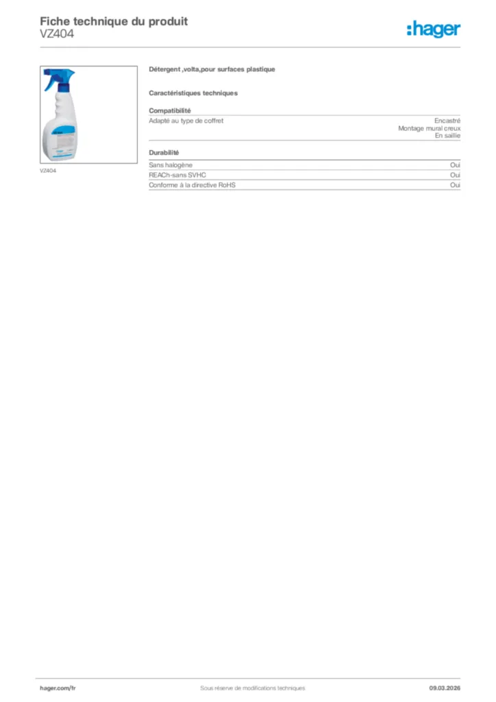 Image Hager Fiche technique du produit VZ404 | Hager France