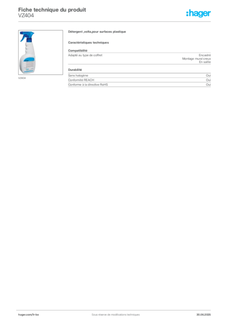 Image Hager Fiche technique du produit VZ404 | Hager Belgique