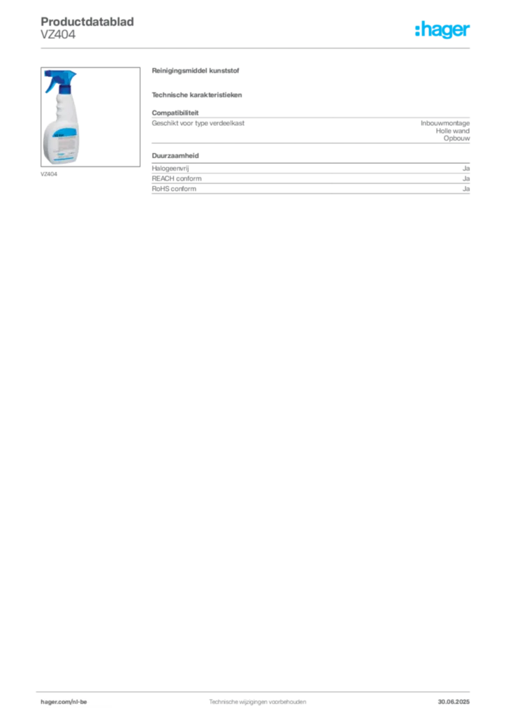 Afbeelding Hager Productdatablad VZ404 | Hager Belgium