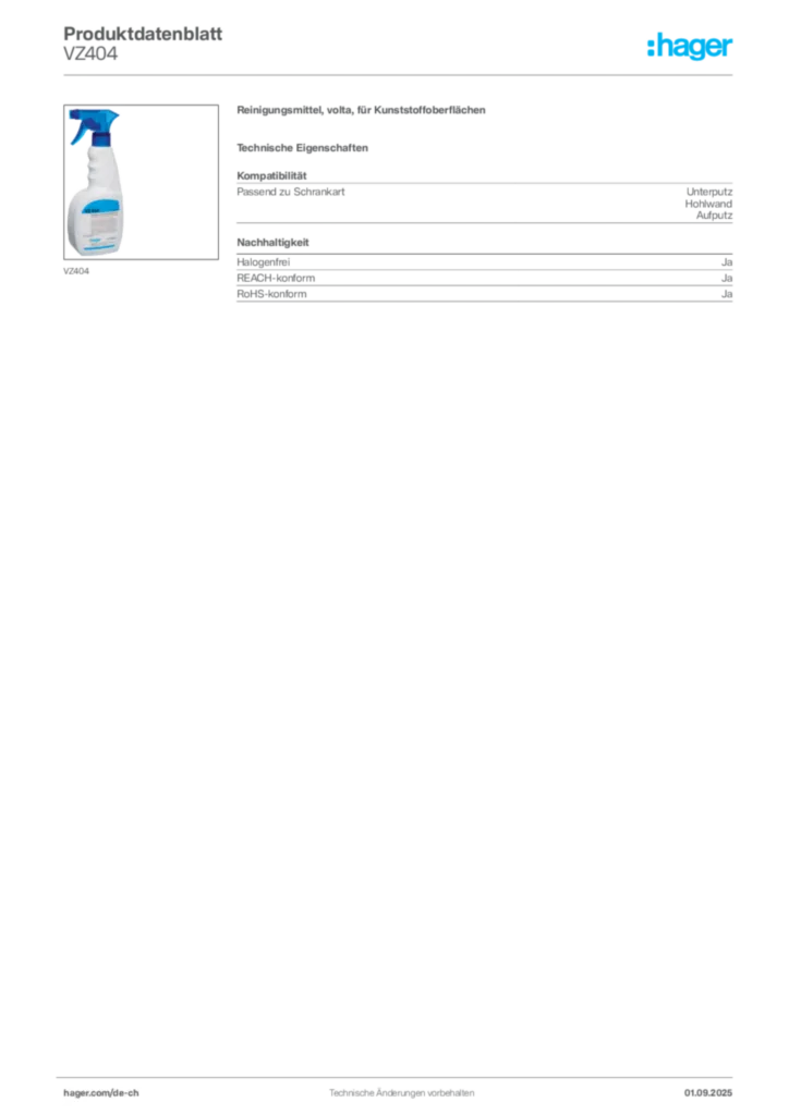 Bild Hager Produktdatenblatt VZ404 | Hager Schweiz