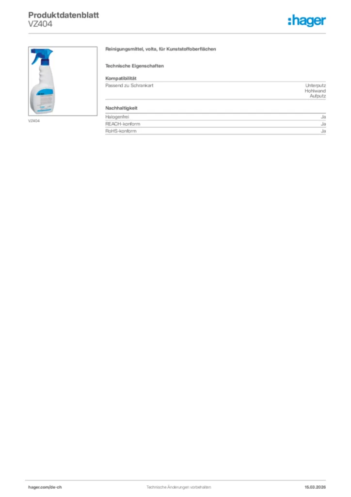 Bild Hager Produktdatenblatt VZ404 | Hager Schweiz