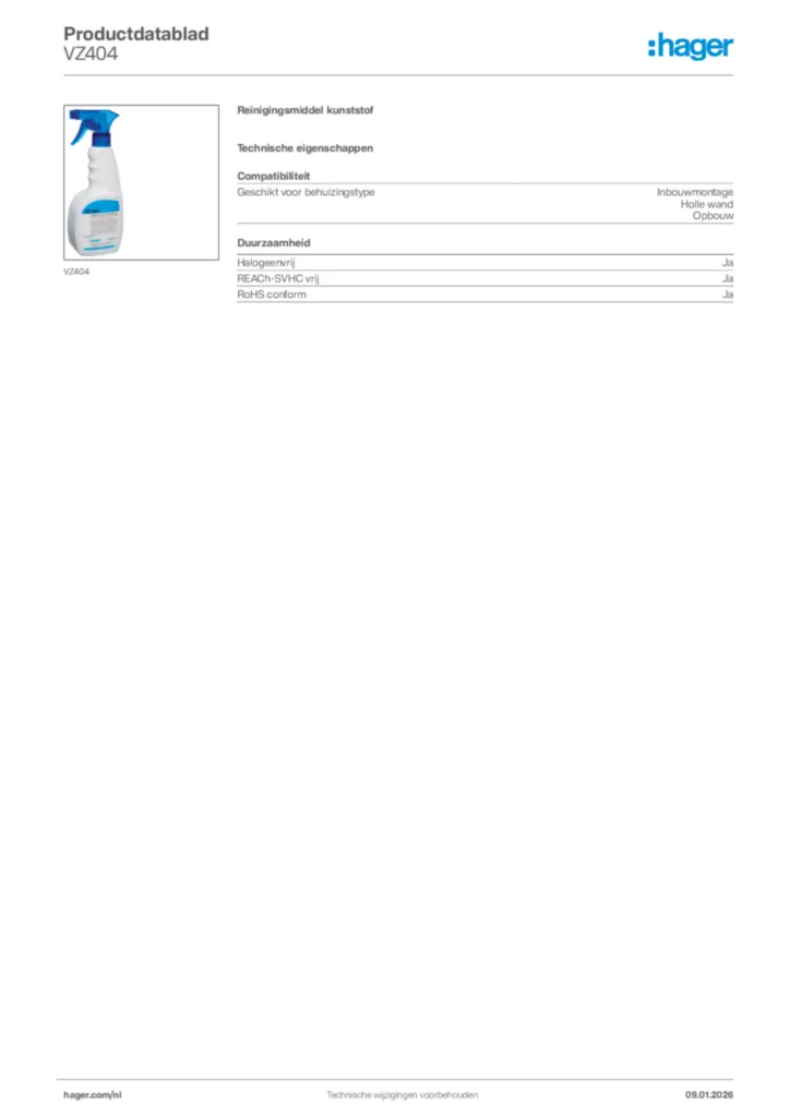 Afbeelding Hager Productdatablad VZ404 | Hager Nederland