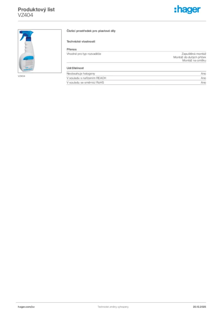 Obrázek Hager Produktový list VZ404 | Hager