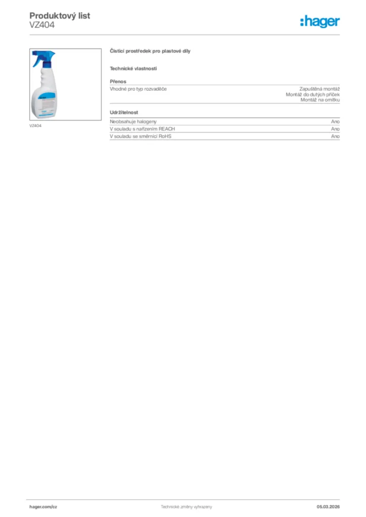 Obrázek Hager Product data sheet VZ404 | Hager